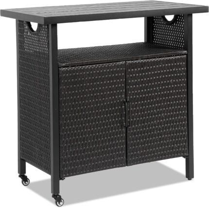 HOMEFUN Outdoor Bar Table with Storage Cabinet Patio Serving Carts on Wheels Wicker Grill Cart Prep Station Rolling Kitchen Island for Outside Backyard and Patio, Black