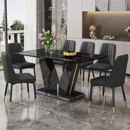 Modern Dining Table Set for 6,7 Piece Dining Table Set,63" Rectangle Modern Dining Table Set for 6,Black Dining Room Table Set for 6 PU Leather Chairs for Kitchen,Juego De Comedor De 6 Sillas
