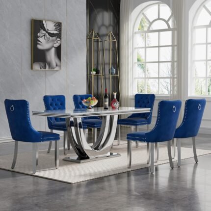 Goujxcy 70" Marble Dining Table Set for 6, Luxury White Faux Marble Kitchen Table with 6 Blue Velvet Dining Chairs Modern 7-Piece Dining Room Table Set for 6 w/Silver Stainless Steel Base