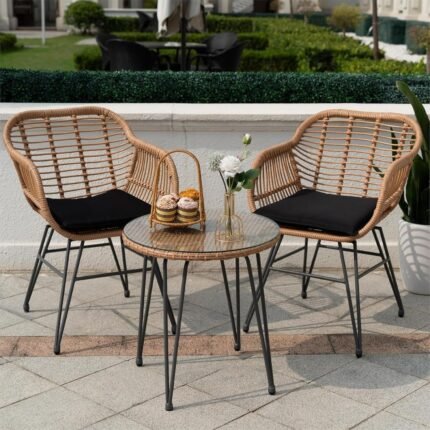 3 Piece Outdoor Wicker Furniture Patio Bistro Set, Balcony Furniture Rattan Conversation Sets, Outdoor Patio Chairs Set for Porch Poolside Garden, Black