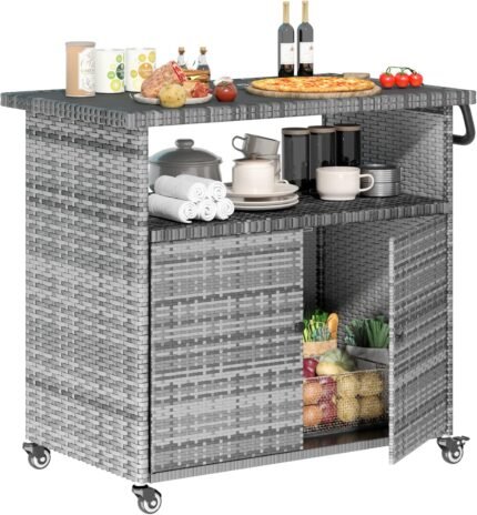 U-MAX Outdoor Prep Table for Grill Wicker Outdoor Bar Cart with Storage Cabinet Kitchen Island Outdoor Grill Table Cart for Patio Outside Backyard Bar, BBQ Serving Cart Cooking Grilling Station