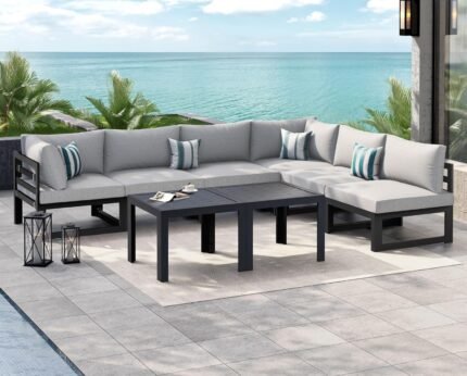 NICESOUL® 8 Piece Aluminum Outdoor Patio Furniture Conversation Sofa Set, Grey Large Size Deep Seat Sectional Couch with Coffee Table Light Gray Olefin Cushion for Porch, 2 Color Cushions