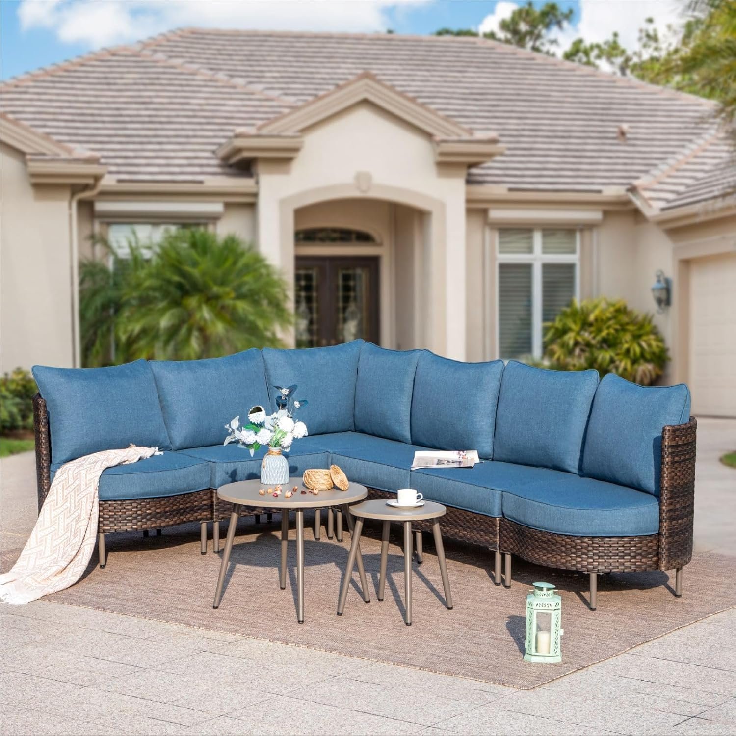 Sophia & William L Shaped Patio Furniture, Curved Outdoor Sofa Modular Wicker Patio Conversation Set with Coffee Table, Outdoor Sectional for Lawn, Porch, Blue