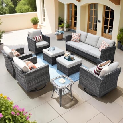 ovios 8 Pieces Patio Furniture Set, Outdoor Wicker Sofa with Rocking Swivel Chairs, Glider Chairs Rattan Couch with Comfy Cushions All Weather Conversation Set, Beige