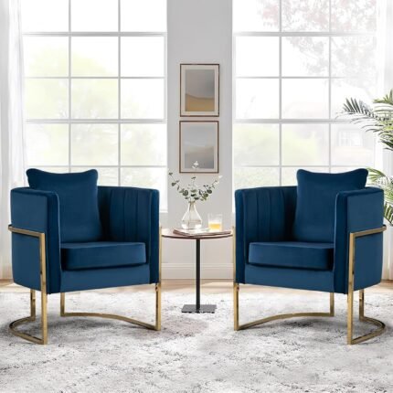 Velvet Accent Chairs Set of 2, Mid Century Modern Upholstered Armchair with Pillow for Living Room, Comfy Barrel Single Vanity Chair with Metal Gold Legs for Bedroom, Blue