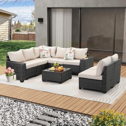 8 Pieces Patio Furniture Set All-Weather Outdoor Wicker Sectional Conversation Sofa Rattan Patio Seating Sofa with Cushion and Glass Table for Porch Poolside,Beige