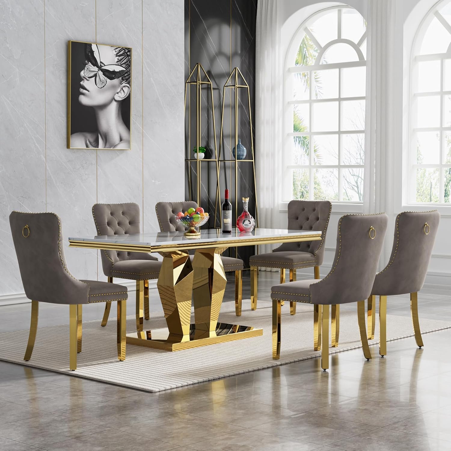7-Piece Dining Table Set with 6 Gray Dining Chair,Y Bracket Luxury Marble Dining Table and Chair Set for 6,White and Gold Dining Room Table Set for 6,Faux Marble Top Dining Kitchen Table Set for 6