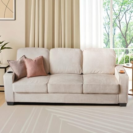 ovios 84.6" Sofa Couch with Cup Holders, 3-Seater Comfy Modern Minimalist Cloud Sofas Couches, Luxury Corduroy Deep Seat Small Sofa for Living Room Bedroom, Beige