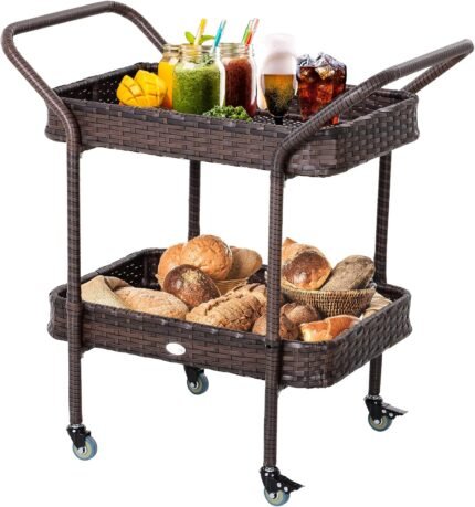 Outsunny PE Rattan Outdoor Bar Table, Outdoor Kitchen Island with 2-Tier Shelf, Wheeled Patio Serving Cart with Brakes for Poolside, Garden, Brown