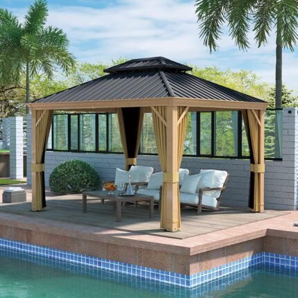 HAPPATIO 10' x 12' Hardtop Gazebo, Outdoor Wood Grain Frame Aluminum, Double Roof Permanent Patio Gazebo Canopy with Netting and Curtains for Garden, Patio, Lawns, Parties (Beige)