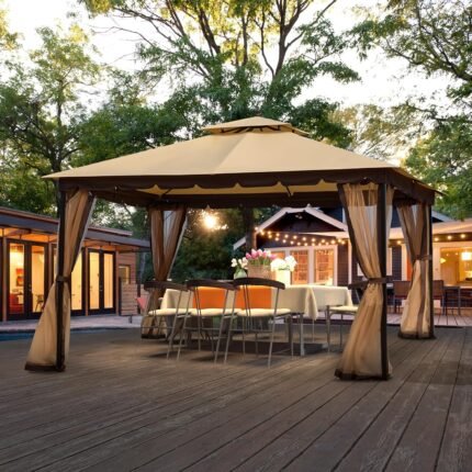 [New-Gen] Outdoor Patio Gazebo10x12,Gazebo with Mosquito Netting[Sturdy Metal Heavy Duty Frame],Outdoor Canopy Gazebos with Double Air Roofs,Outdoor Gazebo Tent,Waterproof Sunshade for Backyard/Deck