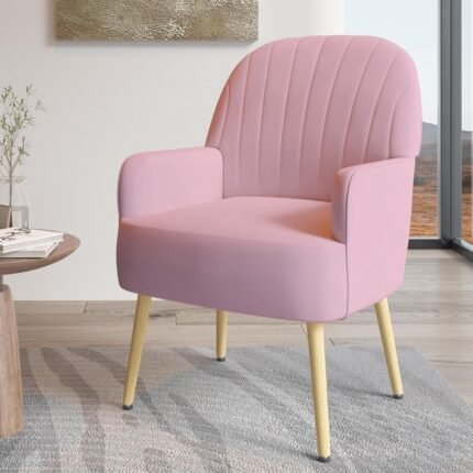 Modern Velvet Accent Chair, Comfy Upholstered Single Sofa Side Chair with Armrests and Back, Luxury Barrel Armchair with Metal Legs for Living Room, Bedroom, Office and Vanity, Pink