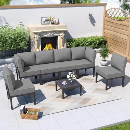 Kurapika 7 Pieces Metal Patio Furniture Set Modern Metal Outdoor Conversation Sets, Patio Sectional Sofa w/5 Inch Cushion and Coffee Table, Grey