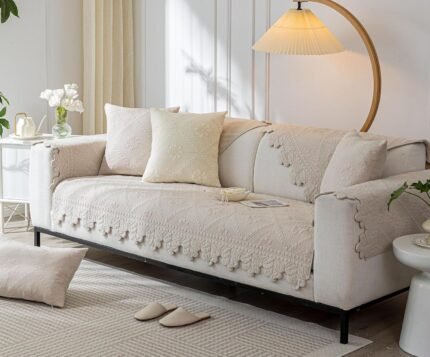 Luxury Cotton Solid Embroidery Sofa Cover Boho Farmhouse Sofa Slipcover Soft Quilted Sectional Couch Cover Non-Slip Sofa Slipcovers Washable Furniture Protector for Pet Kids (Khaki,28"x28")