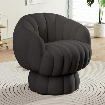Mid Century Modern 360 Degree Barrel Swivel Accent Sofa Chair,Velvet Fabric Wide Upholstered Pumpkin Reading Chair, Round Cloud Armchair for Living Room,Bedroom,Vanity(Black)