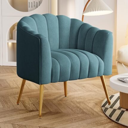 Oversized Pumpkin Couch Accent Chair, Modern Comfy Velvet Upholstered Barrel Chairs, Luxury Single Sofa Armchair for Living Room, Waiting Room, Office and Vanity, (Blue)