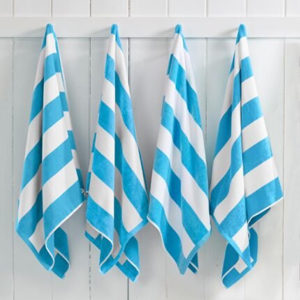 Great Bay Home 100% Cotton Velour 4 Pack Beach Towels | Blue Cabana Stripe Pool Towels | Quick Dry, Large Swim Towels for Adults and Kids (4 Pack 30" x 60", Air Blue)