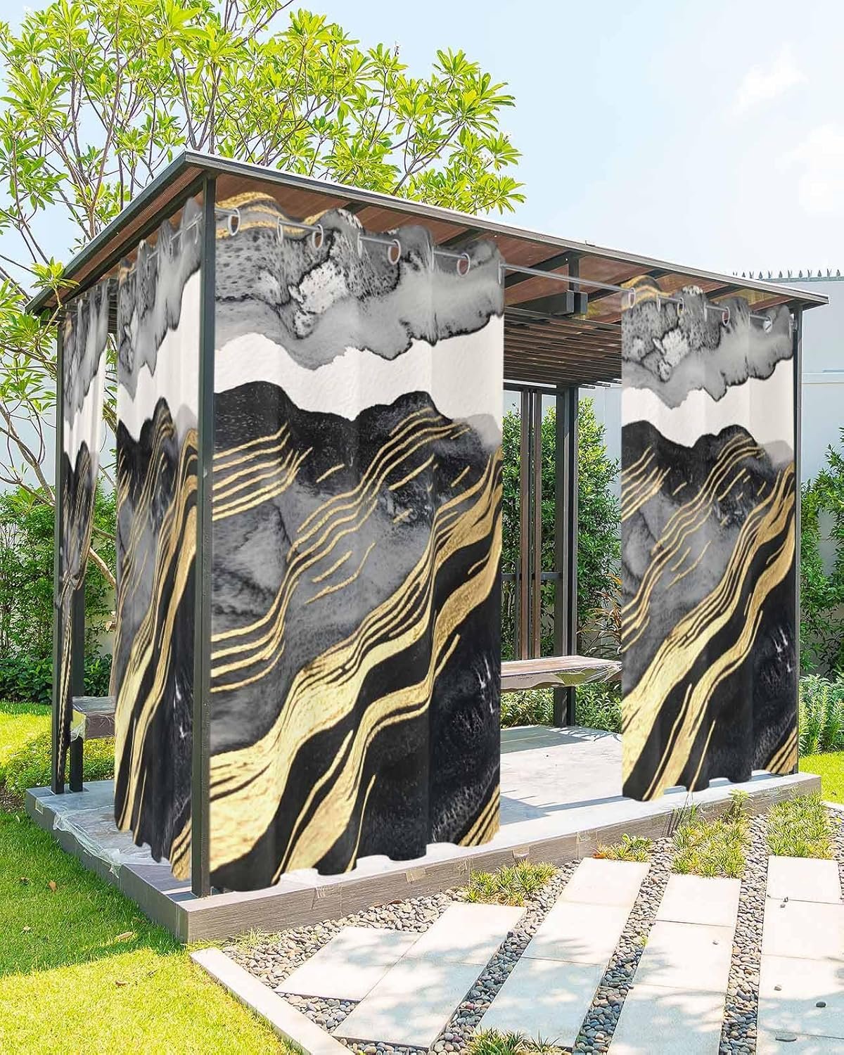Outdoor Curtains for Patio Waterproof, Marble Black Outdoor Privacy Panels Grommet, Modern Luxury Gold Nature Texture Blackout Outside Curtains for Porch/Cabana/Pergola 54"x95", 1 Panel