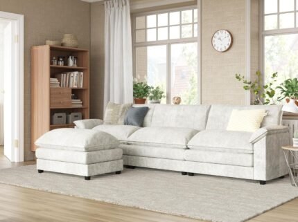 Furmax Modern Convertible Sofa L Shaped Couch, Fabric 4 Seat Sofa Set with Ottoman, Modular Sectional Sofa Couch, Sectional Couches for Living Room, Apartment (Light Beige)