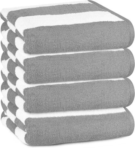 Bliss Casa 100% Cotton Beach Towels (4 Pack, 30 x 60 Inch) - Extra Soft & Highly Absorbent Summer Pool Towel Oversized Cabana Stripe (Grey)