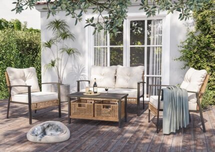 LAUSAINT HOME 6-Piece Patio Conversation Set, Luxury Oversize Patio Furniture Set with Soft Cushions and Storage Metal Coffee Table, Outdoor Furniture Sets for Backyard, Porch (with 2 Wicker Baskets)