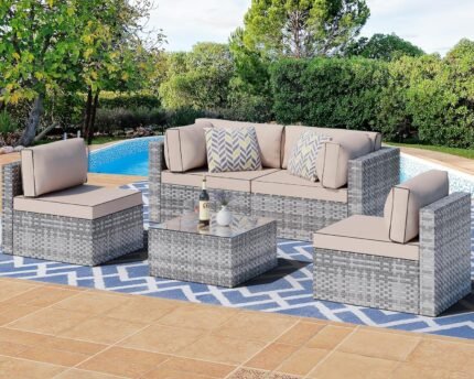 Shintenchi 5 Pieces Outdoor Patio Sectional Sofa Couch, Silver Gray PE Wicker Furniture Conversation Sets with Washable Cushions & Glass Coffee Table for Garden, Poolside, Backyard (Khaki)
