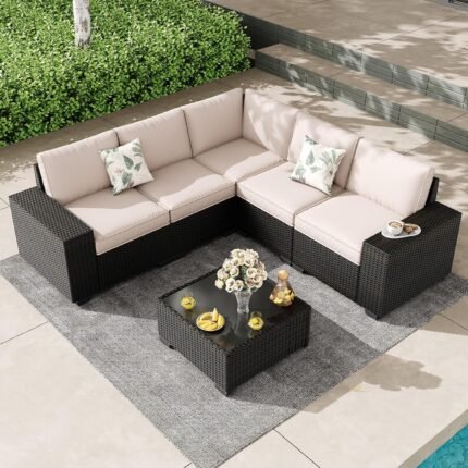6 Pieces Outdoor Patio Furniture Set, Wicker Conversation Sets with Tea Table, Rattan Patio Sofa with Thick Cushions for Garden, Backyard Porch, Poolside,Beige