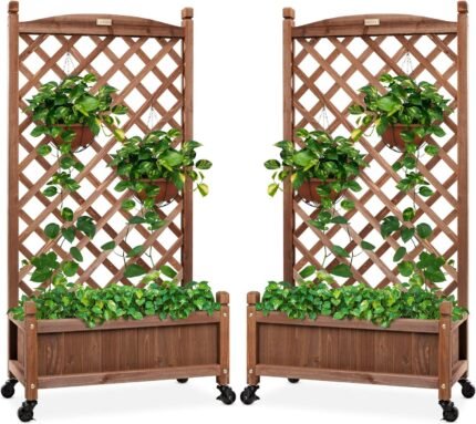 Best Choice Products Set of 2 48in Wood Planter Box & Diamond Lattice Trellis, Mobile Outdoor Raised Garden Bed for Climbing Plants w/Drainage Holes, Optional Wheels - Walnut