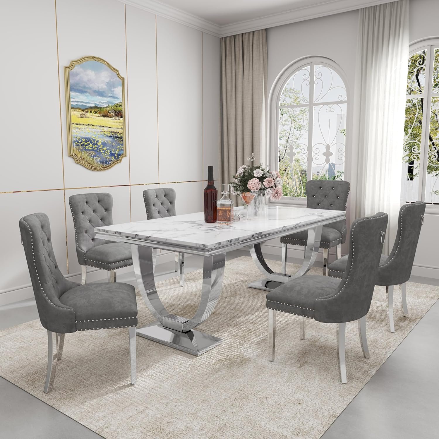 Marble Dining Table Set for 6,70" White Faux Marble Kitchen Table and Velvet Chairs for 6,7 Piece Luxury Dining Room Table Set and 6 Grey Upholstered Chairs with Silver Stainless Steel Legs