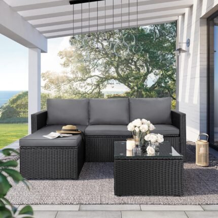 SUNLEI Small Outdoor Sofa Patio Furniture Set with Detachable Cushions, 3 PCS Patio Sectional Sofa with Coffee Table & 5 Position Adjustable,PE Rattan Patio Conversation Set, Black Rattan/Grey