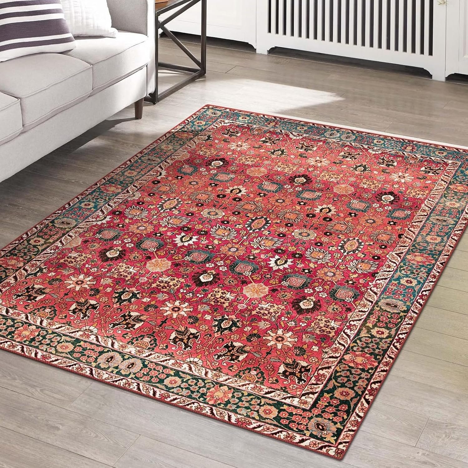 Vivorug Washable Rug, Ultra Soft Area Rug 5x7, Non Slip Rug, Stain Resistant Rugs for Living Room, Vintage Floral (Cherry Red/Spice, 5'x7')