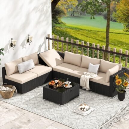 HOMREST 7 Piece Outdoor Patio Furniture, Hand Woven PE Rattan Patio Conversation Sets, Outdoor Sectional Set with Storage Table, Cushions and Pillows, Lift Sofa for Garden, Balcony, Lawn