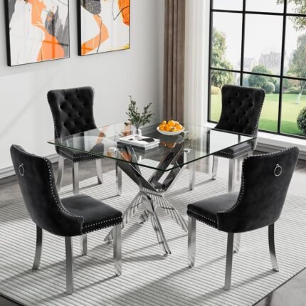 SSLine Modern 5-Piece Square Glass Dining Table Set for 4 Luxury Silver Glass Kitchen Table and Chair Set for 4, 35.43" Dining Room Set with 4 Black Tufted Chairs for Kitchen Home Office