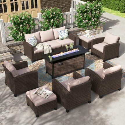 HERA'S HOUSE Patio Furniture Set Outdoor Furniture with 56" Fire Pit Table, 8 Pieces Wicker Rattan Patio Conversation Sofa Sets for Deck Backyard Lawn, Beige/Brown