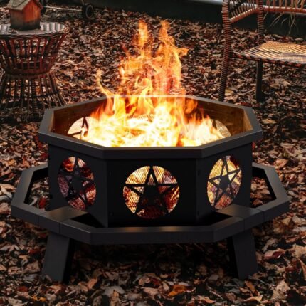 43 inch Fire Pit, Outdoor Fire Pits with Cooking Grill, Wood Burning Fire Pits for Outside, Octagonal Heavy Duty Large Firepit with Poker for Bonfire, Backyard, Camping, Patio, Picnic