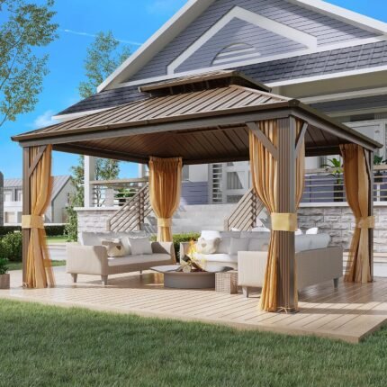 YOLENY 12' x 14' Gazebo, Hardtop Gazebo with Aluminum Frame, Double Galvanized Steel Roof, Curtains and Netting Included, Metal Gazebos Pergolas for Patios, Garden, Parties, Lawns