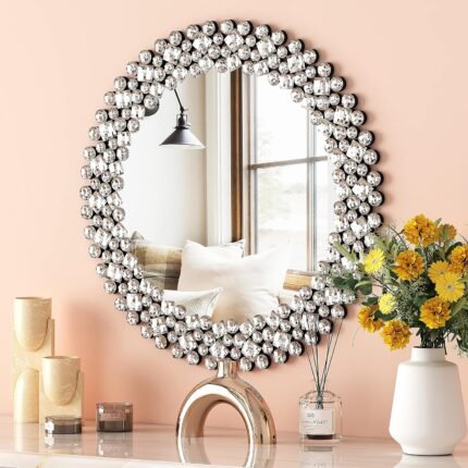 SHYFOY Crystral Round Mirror for Wall Decor,24" Large Wall Mirrors with Luxury Jeweled Decorative Mirror Circle Accent Mirrors for Living Room Bathroom Bedroom Fireplace Decor