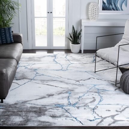 SAFAVIEH Craft Collection Area Rug - 8' x 10', Ivory Grey & Blue, Modern Abstract Design, Non-Shedding & Easy Care, Ideal for High Traffic Areas in Living Room, Bedroom (CFT877M)