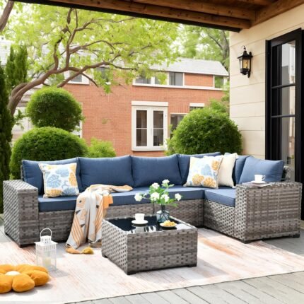 ovios 6 Pieces Patio Furniture Set, Outdoor Wicker Sectional Sofa with Coffee Table Comfy Cushions, Modern Modular Deep Seat Rattan Couch Conversation Set, Denim Blue