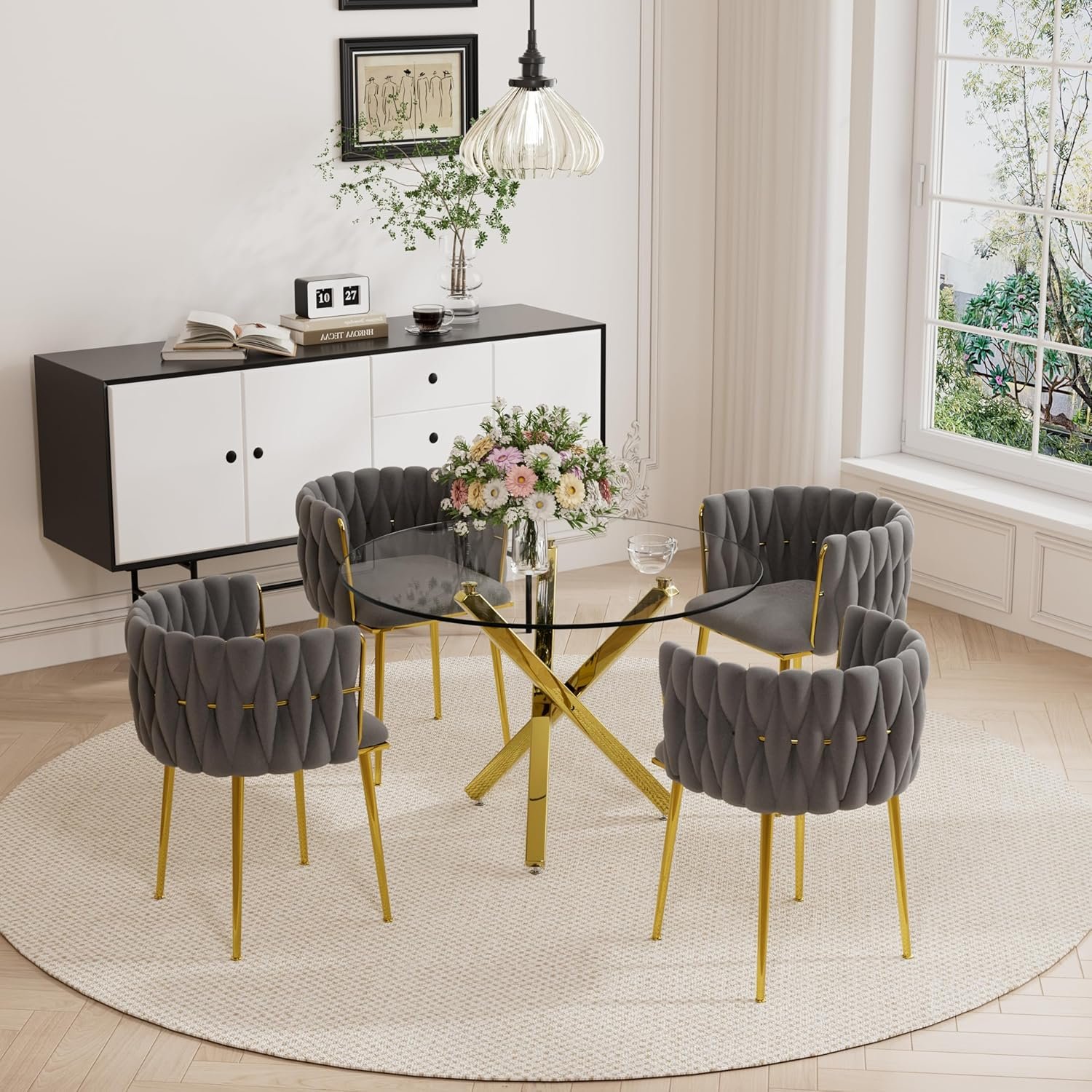 Modern Luxury Round Glass Dining Table Set for 4, 39'' Clear Circular Kitchen Table Set, 5 Pieces Minimalist Circle Dinner Room Table Set with Grey Woven Dining Chair, for Small Place (Gold)