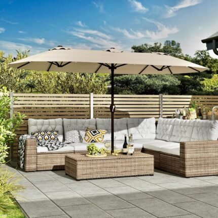 15ft Large Patio Umbrella with Base Included, Double-Sided Rectangle Outdoor Table Umbrella with 12 Reinforced Ribs, Crank Lift for Market Pool Deck Backyard, Beige