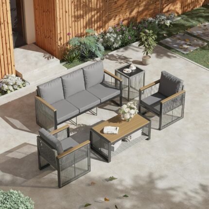 HOMREST Metal Outdoor Patio Furniture Set, 5-Piece Outdoor Sectional Patio Conversation Set with 3-Seat Sofa,Coffee Table,Upgard Cusion for Deck, Lawn,Poolside(Grey)