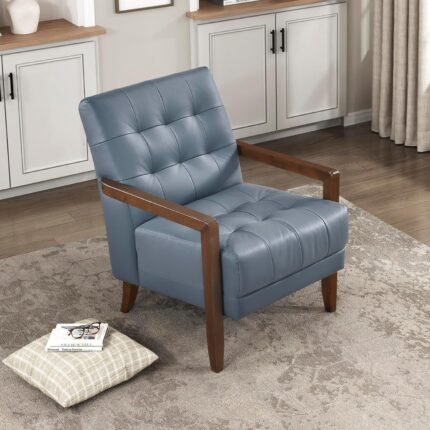 Lexicon Modern Accent Chair, Luxury Genuine Leather Living Room Chair with Tufted Cushions, Solid Wood Frame and Arm Rest, Comfy Upholstered Single Seat for Bedroom/Reading/Office, Blue