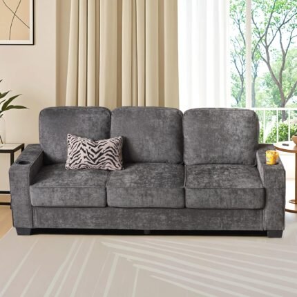 ovios 84.6" Sofa Couch with Cup Holders, 3-Seater Comfy Modern Minimalist Cloud Sofas Couches, Luxury Corduroy Deep Seat Small Sofa for Living Room Bedroom, Dark Grey