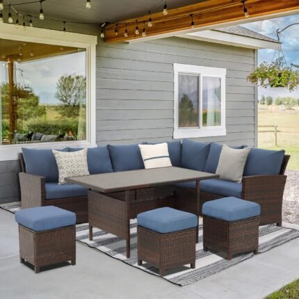 Wisteria Lane 7 Pieces Patio Furniture Set Outdoor Furniture Sectional, High Back Outdoor Patio Dining Table Set, Wicker Patio Conversation Set with Cushions for Balcony Lawn and Garden, Blue