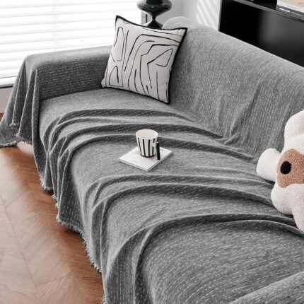 AMWAN Dark Grey Fine Stripe Chenille Couch Cover for Dogs,Kids,Aesthetic Classic Sofa Cover for Love Seat,3 Cushions Couch Sofa,Multifunctional 1 Piece Furniture Protector Machine Washable 71"x118"