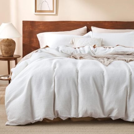 Bedsure Cotton Duvet Cover Queen - 100% Cotton Waffle Weave Milk White Duvet Cover Queen Size, GentleSoft™ and Breathable Bedding Set for All Season, 3 Pieces, 90"x90"