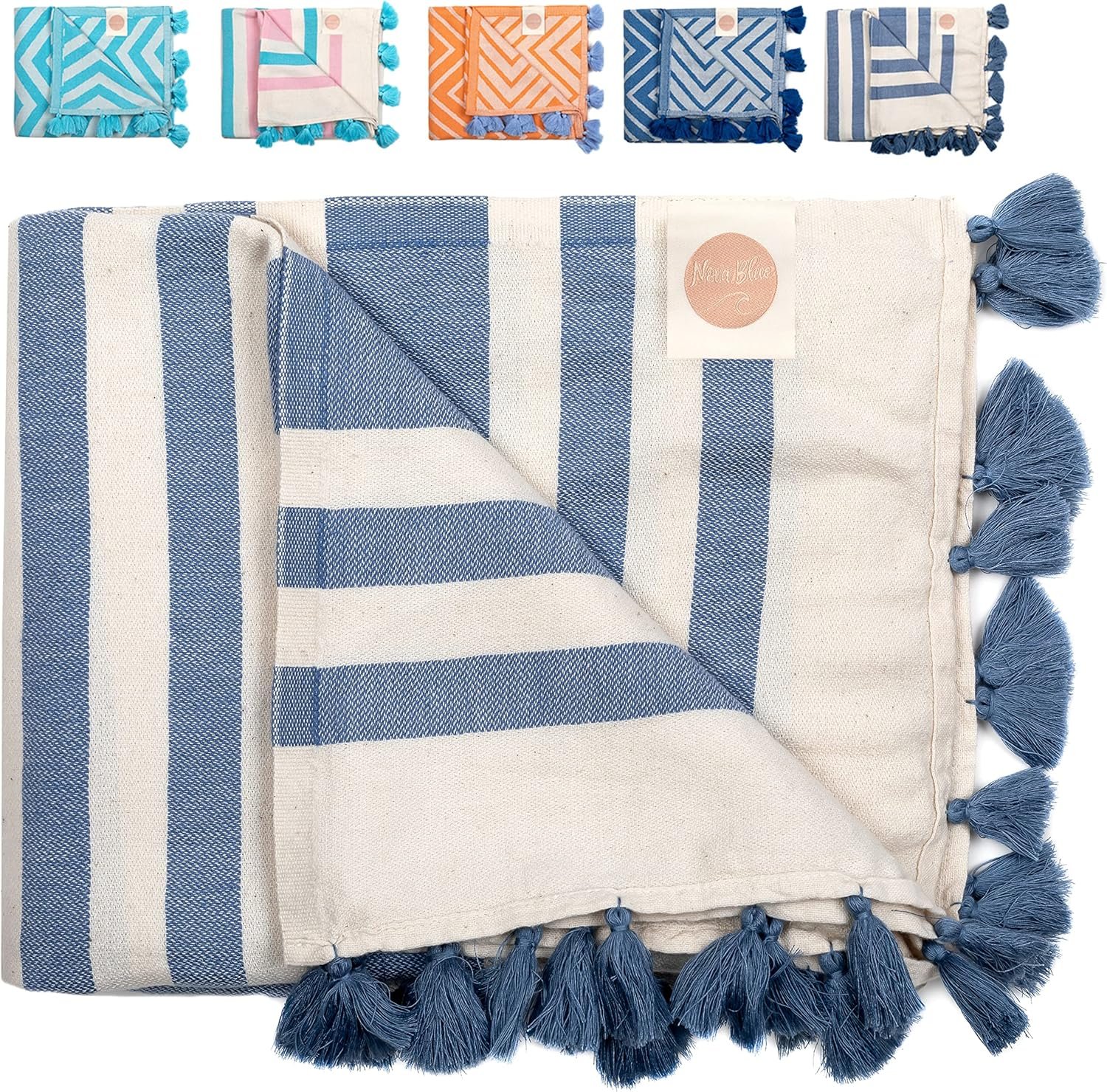 Nova Blue Turkish Beach Towel - Navy Striped, 100% Cotton - Extra Large, Lightweight with Unique Pattern - Quick Dry