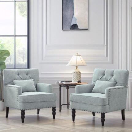 HUIMO Accent Chairs Set of 2, Living Room Chairs, Tufted Club Chair, Upholstered Armchair with Button, Fabric Sofa Chairs for Bedroom, Living Room, Mid Century Modern Reading Chairs(2,Light Blue)