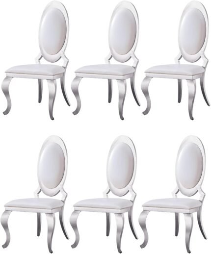 SSLine Modern Luxury Dining Chairs Set of 6 White Leather Kitchen Dining Room Chair with Shiny Silver Stainless Steel Legs High-End Upholstered Chairs for Living Room Meeting Room